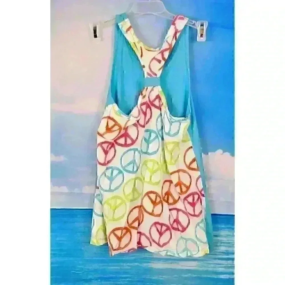 POGO CLUB Beach Cover HIPPIE BOHO Tank Top Racerback TEAL Peace Signs Lg 14/16